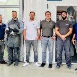 Joy at Graf Hardenberg about the newly installed airmatic system: (from left) ensutec employee S. Langer, painter S. Knauth, Antony Autolack sales employee C. Joos, department manager M. Schmelovski, painter D. Klincov and ensutec project manager V. Otto